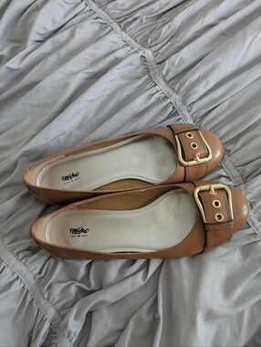 Missimo Tan Leather Ballet Flats with Gold Buckle
